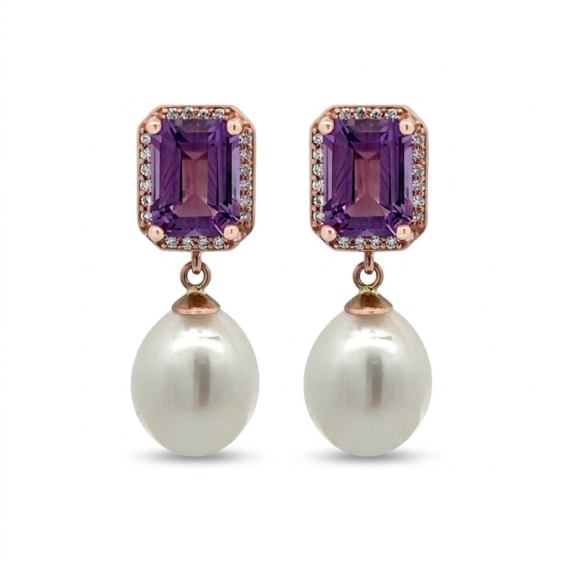 9ct Rose Gold Amethyst/Diamond/ Pearl Drop Earrings