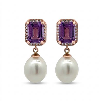9ct Rose Gold Amethyst/Diamond/ Pearl Drop Earrings