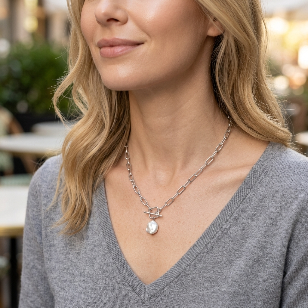 Sterling Silver Paper link & Coin Pearl Necklace