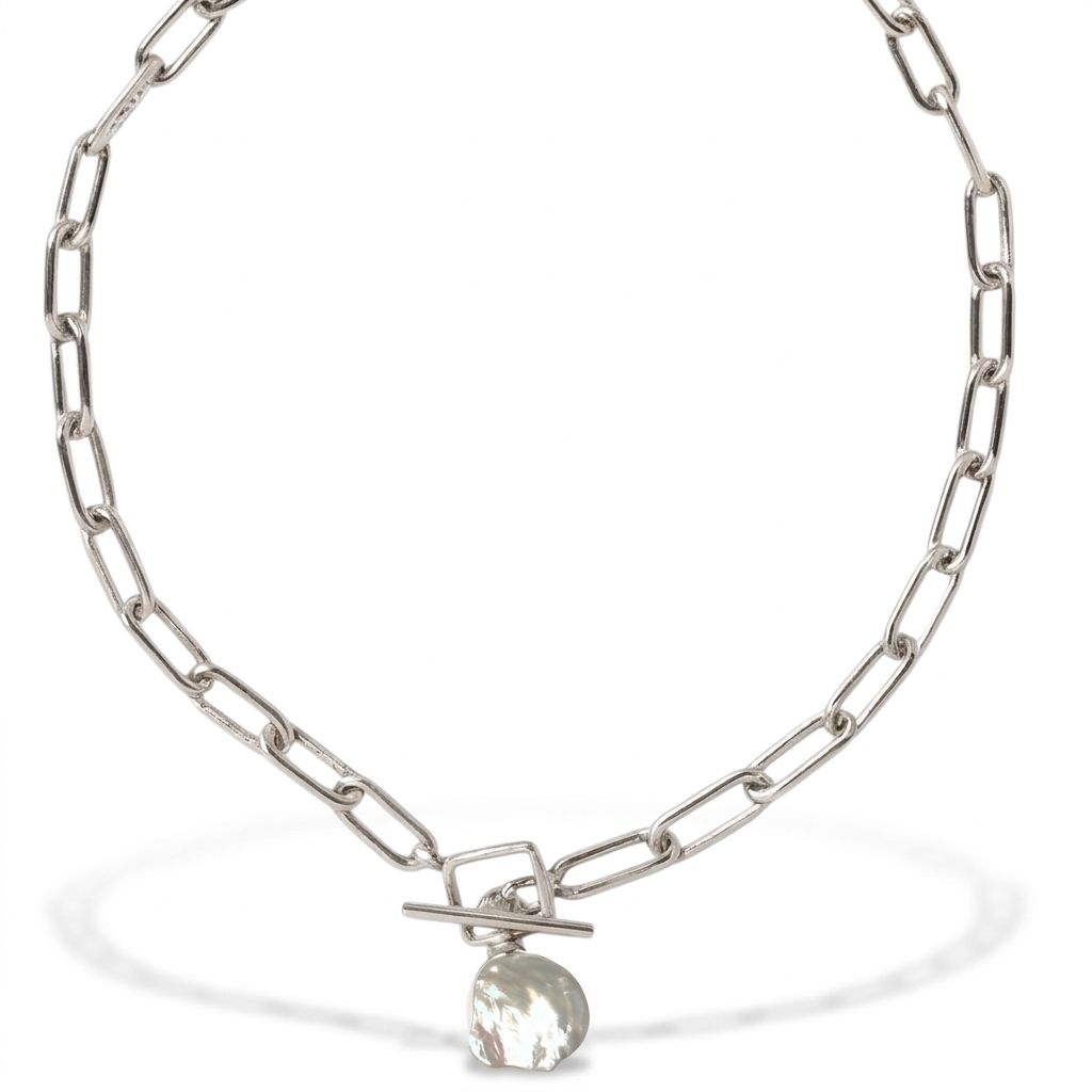 Sterling Silver Paper link & Coin Pearl Necklace Sterling Silver Paper link & Coin Pearl Necklace