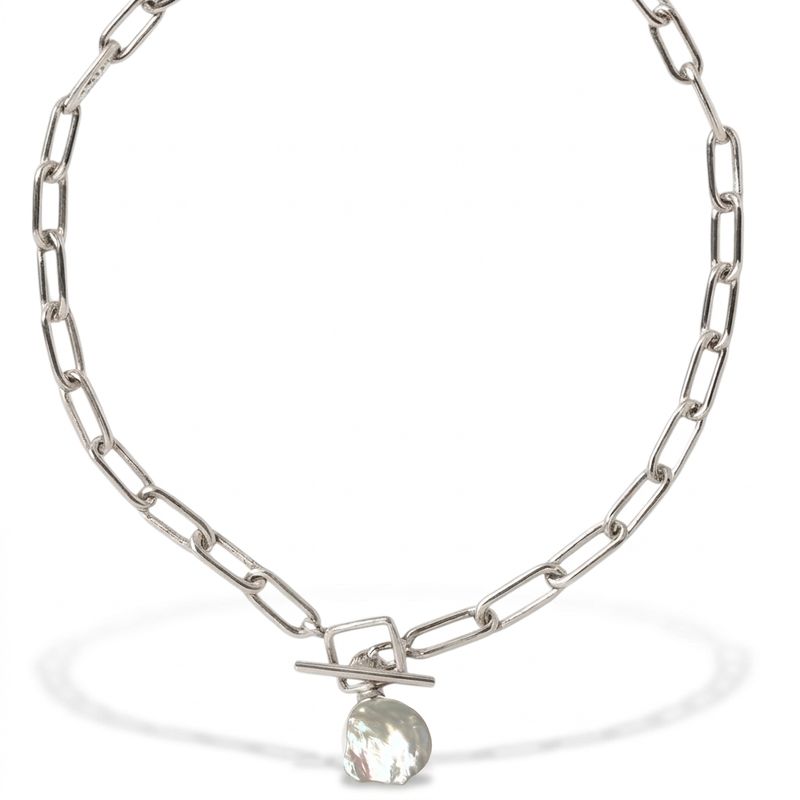 Sterling Silver Paper link & Coin Pearl Necklace