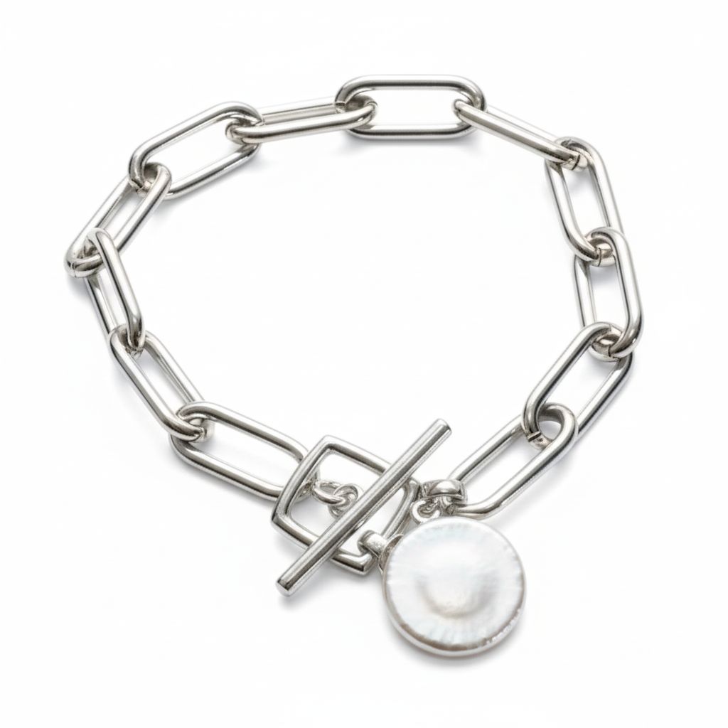 Sterling Silver Paper Link Coin Pearl Bracelet