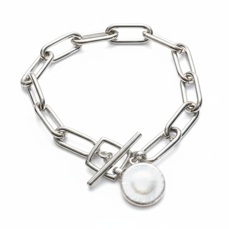 Sterling Silver Paper Link Coin Pearl Bracelet