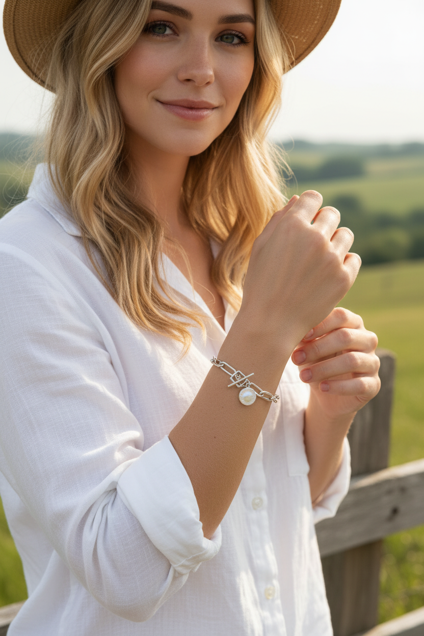 Sterling Silver Paper Link Coin Pearl Bracelet