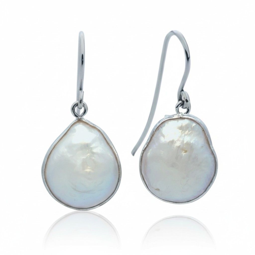Sterling Silver Keshi Pearl 13 x 15mm Hook Earrings