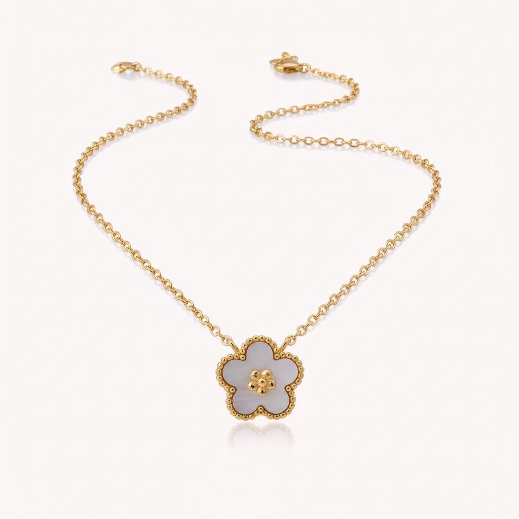 Sterling Silver & YGP Mop CZ Flower Necklace