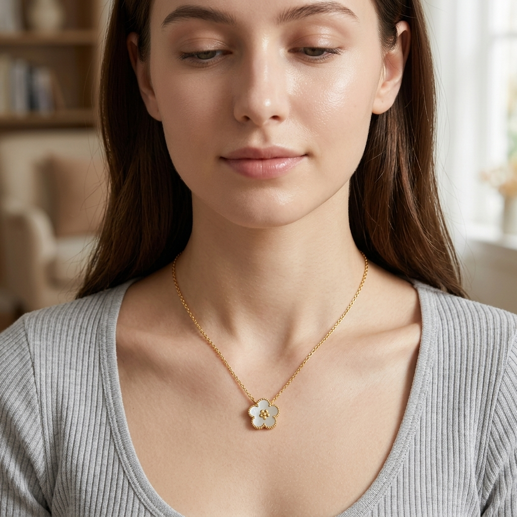 Gold on Sterling Silver Mop CZ Flower Necklace