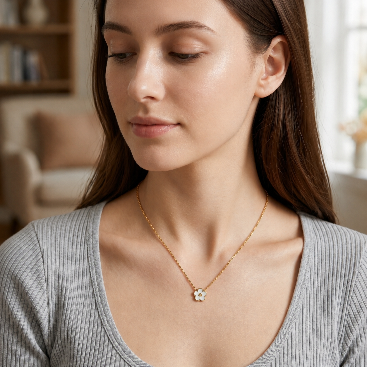 Gold on Sterling Silver Mop CZ Flower Necklace