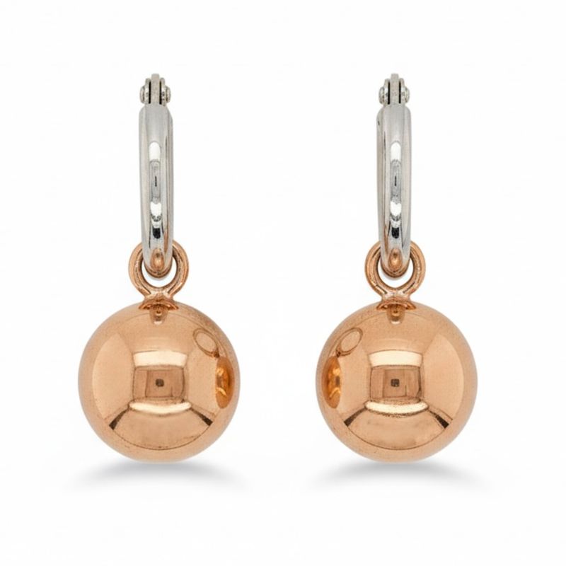 Sterling Silver Hoops & Rose Gold Plate Ball Earrings Sterling Silver Hoops & Rose Gold Plate Ball Earrings