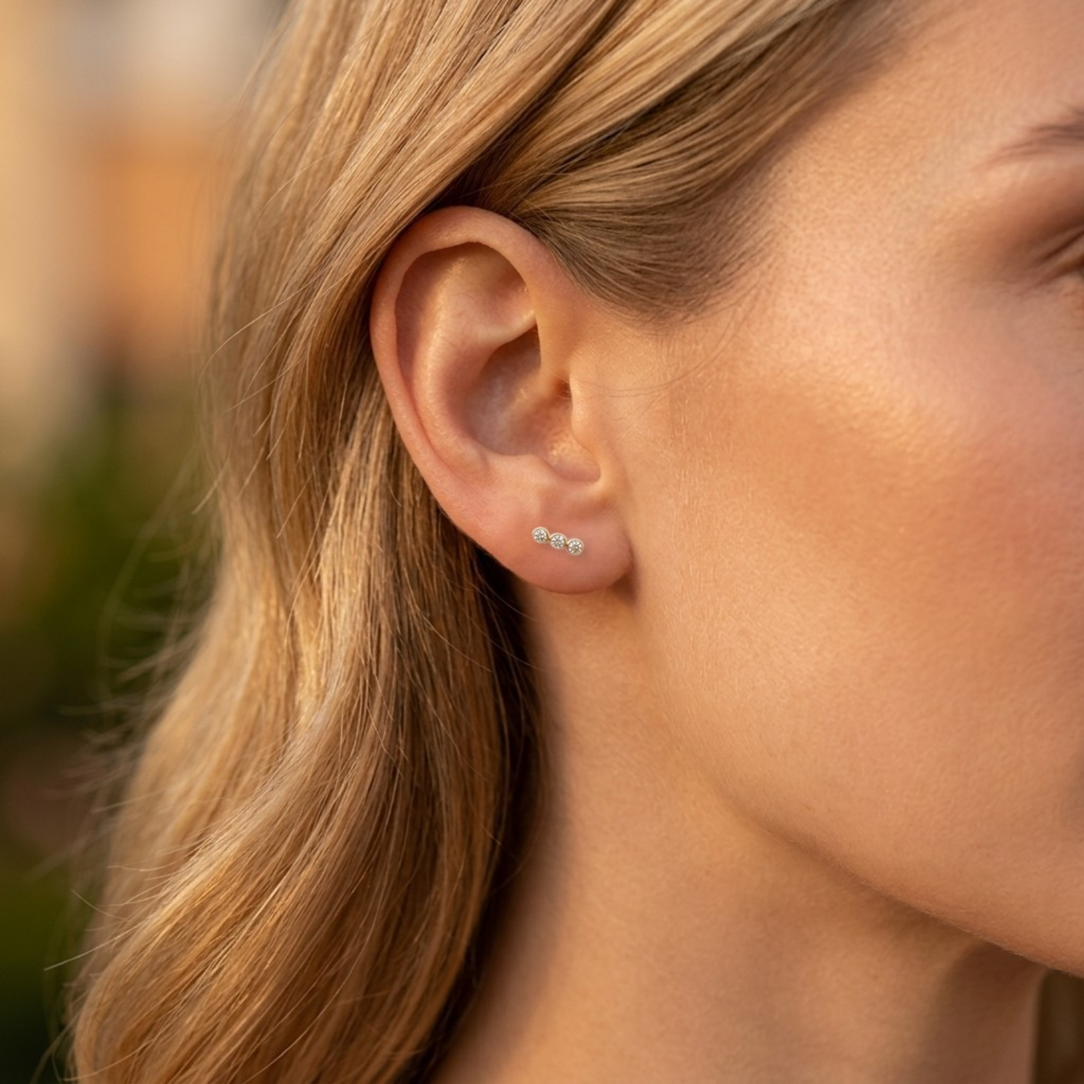 Gold on Sterling Silver Triple CZ Row Stud Earrings