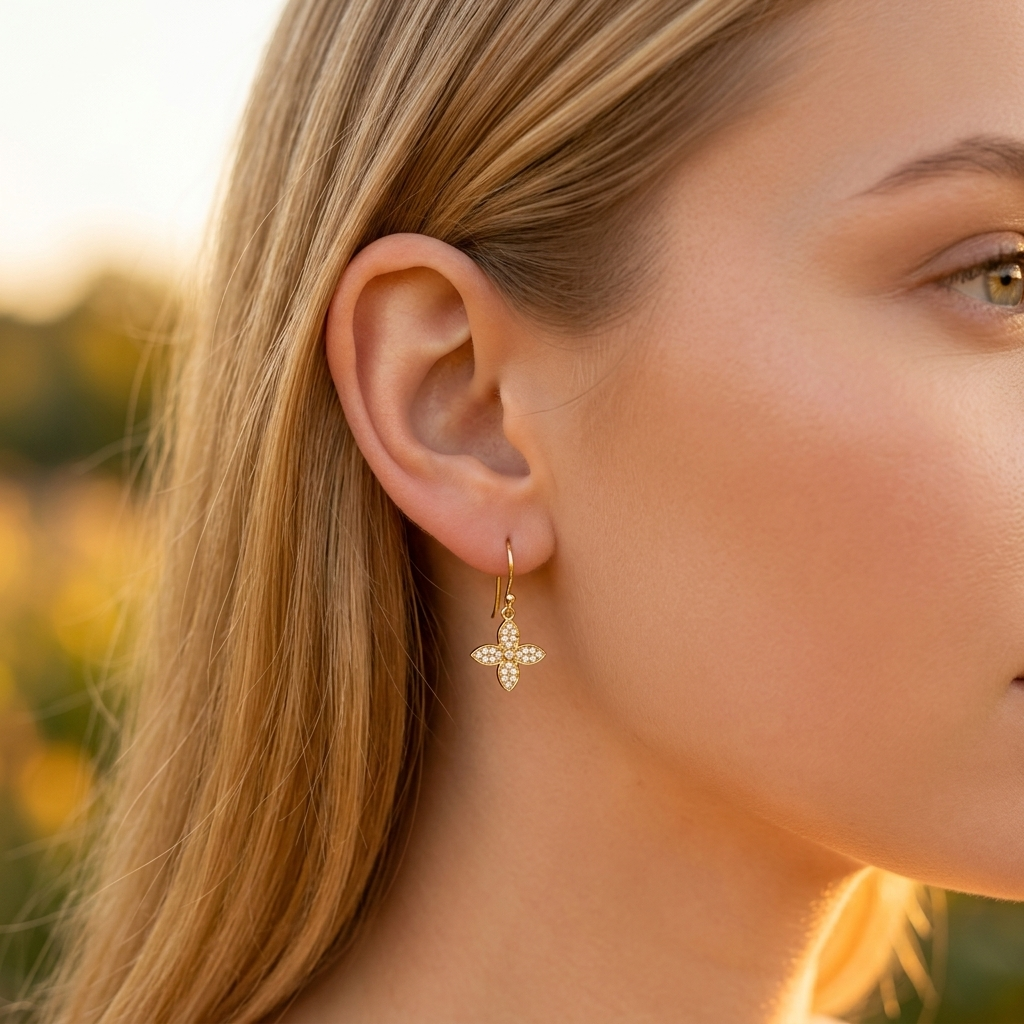 Gold on Sterling Silver CZ Flower Hook Earrings