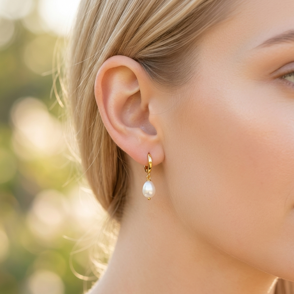 Gold on Sterling Silver Pearl Drop Huggie Earrings