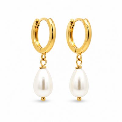 Gold on Sterling Silver Pearl Drop Huggie Earrings