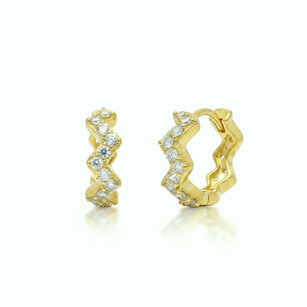 Gold on Sterling Silver CZ Zig Zag Huggie Earrings