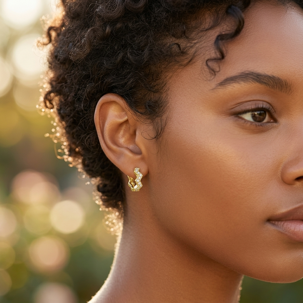 Gold on Sterling Silver CZ Zig Zag Huggie Earrings