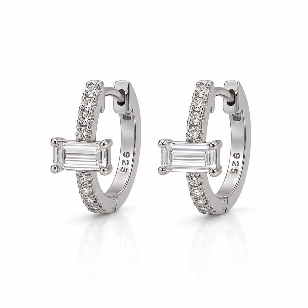 Sterling Silver CZ Baguette Huggie Earrings 10mm