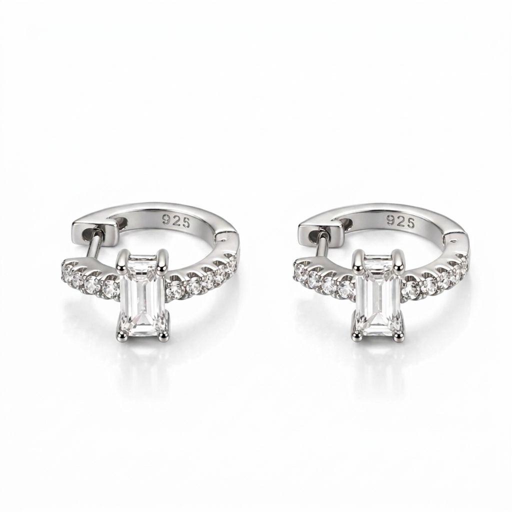 Sterling Silver CZ Baguette Huggie Earrings