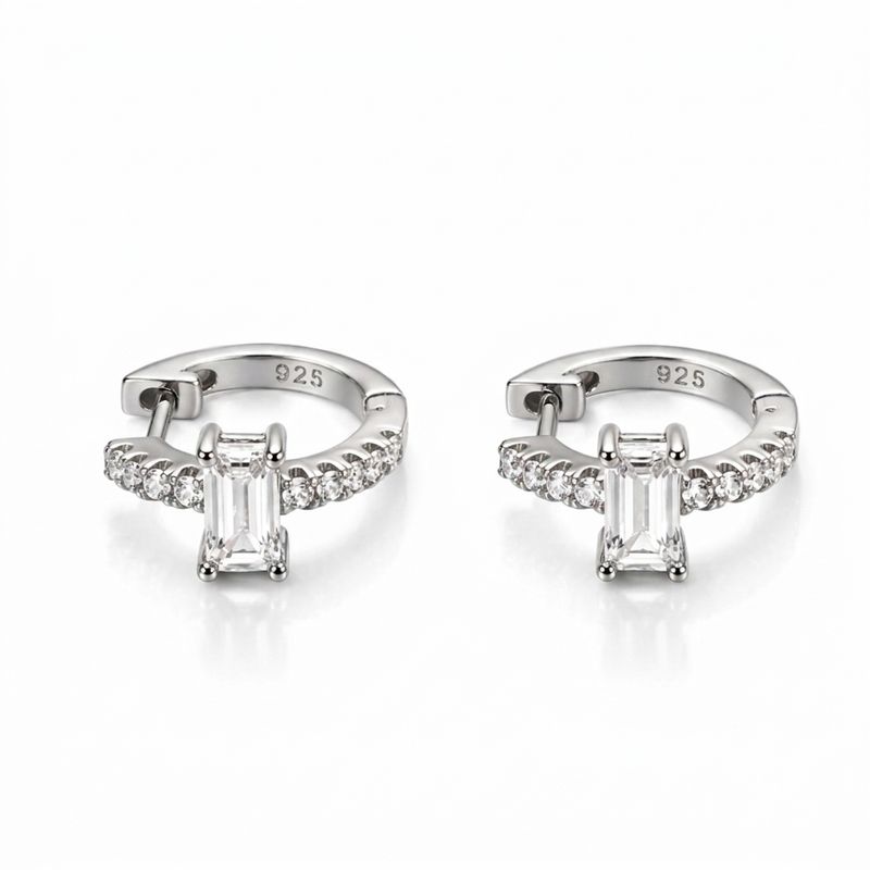 Sterling Silver CZ Baguette Huggie Earrings 10mm