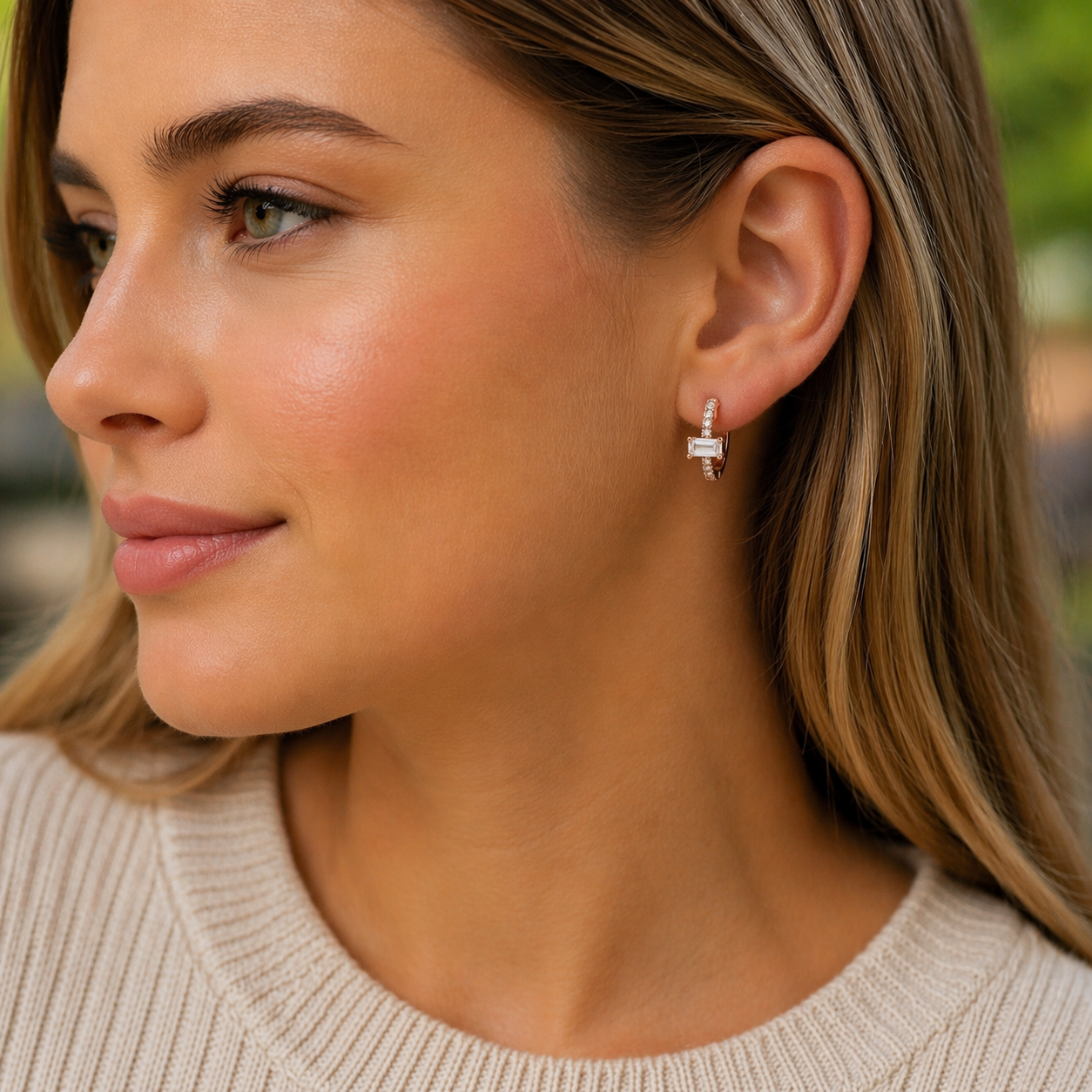 Gold on Sterling Silver  CZ Baguette Huggie Earrings 10mm