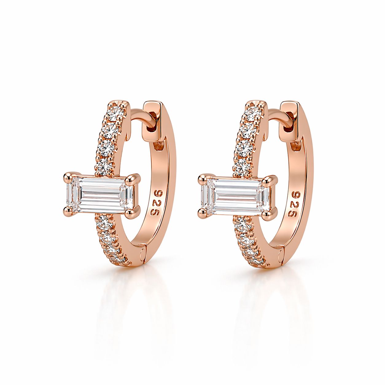 Gold on Sterling Silver  CZ Baguette Huggie Earrings 10mm