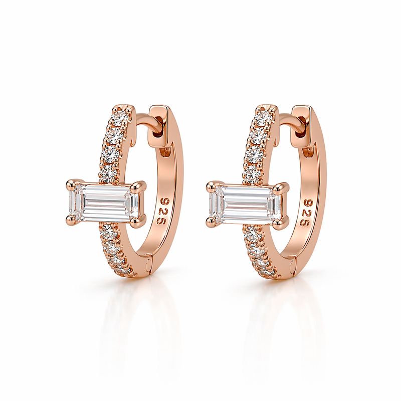Gold on Sterling Silver  CZ Baguette Huggie Earrings 10mm