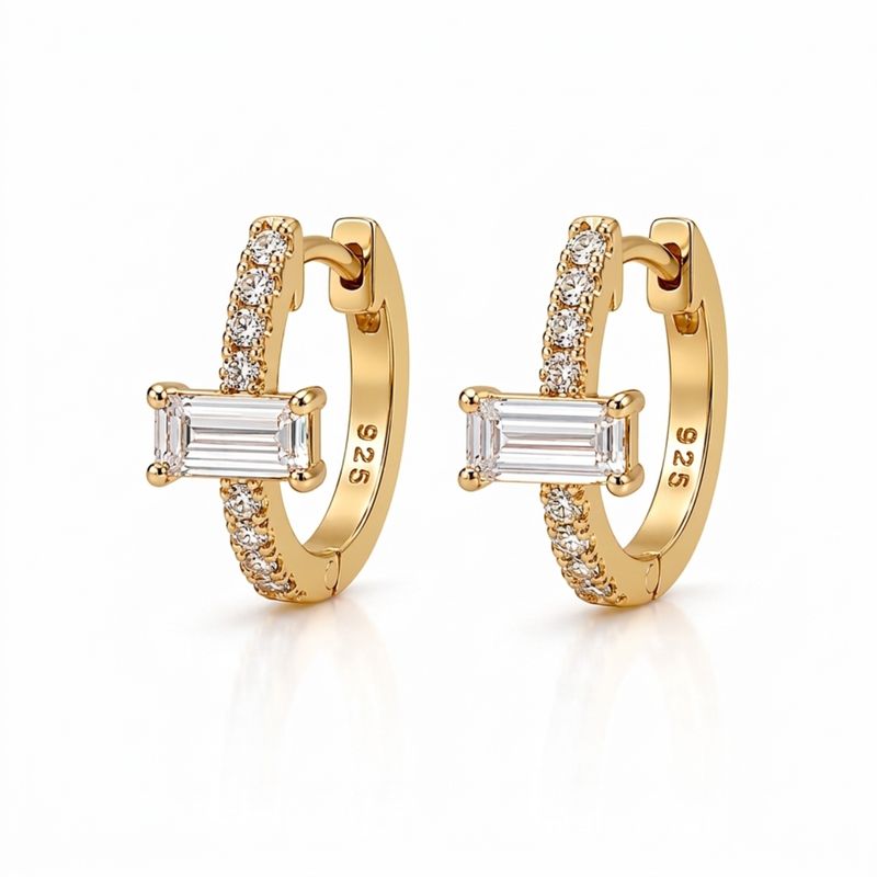 Gold on Sterling Silver CZ Baguette Huggie Earrings 10mm