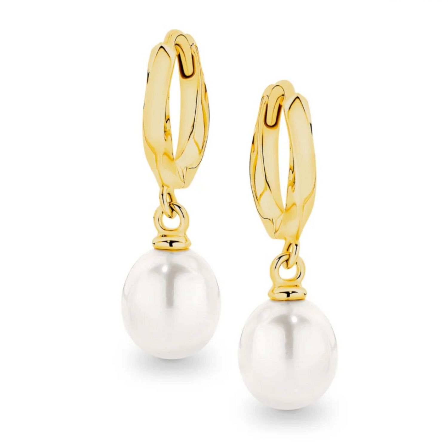 Sterling Silver 18ct Yellow Gold Plated  White FWP Drop 7.5-8mm Huggie Earring