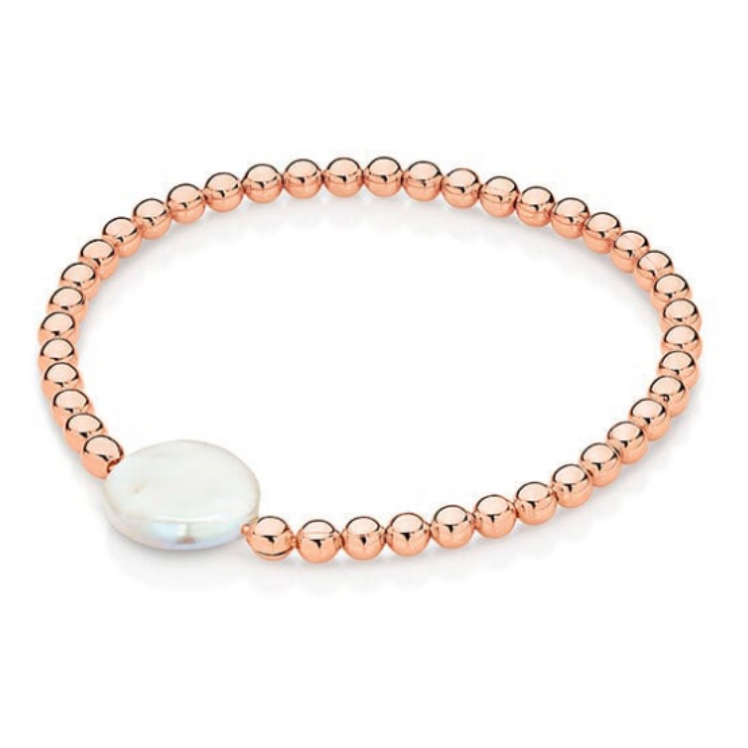 Sterling Silver Rose Gold Plated 18cm Elastic Bracelet 4mm ball 13mm FWP coin