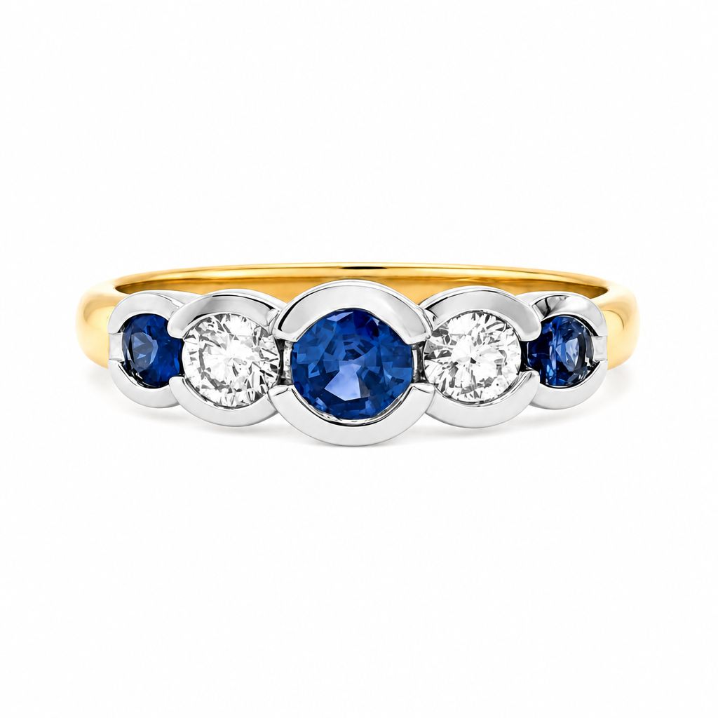 9ct Five Stone Ceylon Sapphire & Diamond Ring