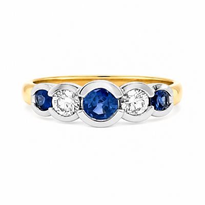 9ct Five Stone Bezel Set Ceylon Sapphire & Diamond Ring 9ct Five Stone Bezel Set Ceylon Sapphire & Diamond Ring