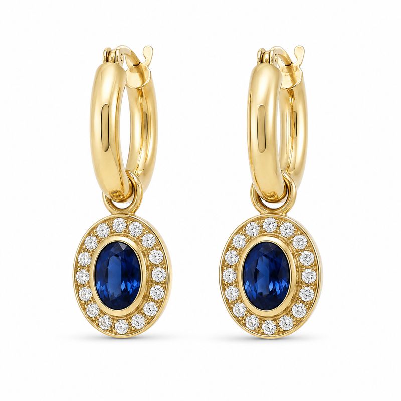 9ct Oval Sapphire & Diamond Charm Drop Earrings 9ct Oval Sapphire & Diamond Charm Drop Earrings