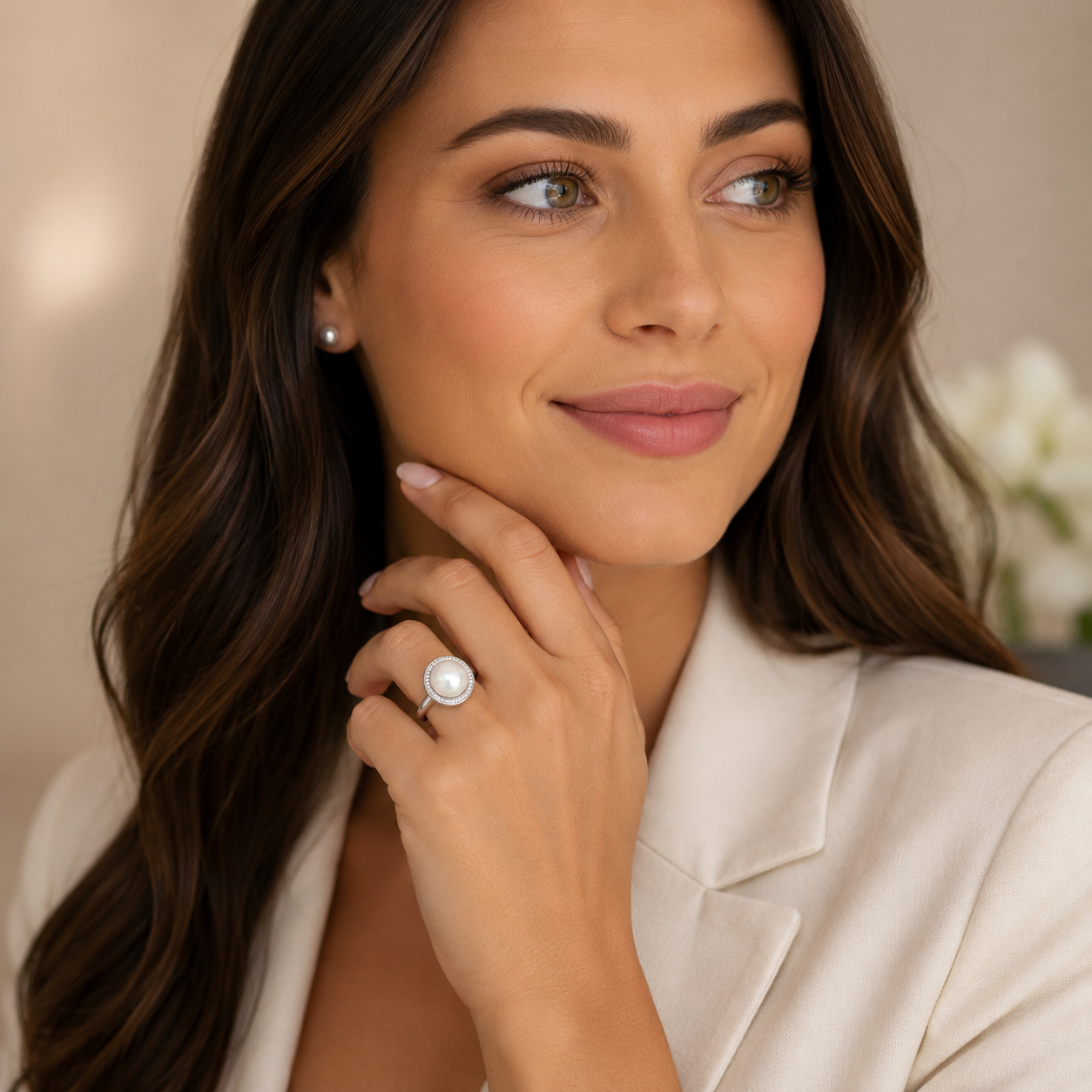 Sterling Silver Mabe Pearl & Diamond Ring