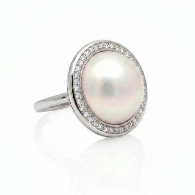 Sterling Silver Mabe Pearl & Diamond Ring