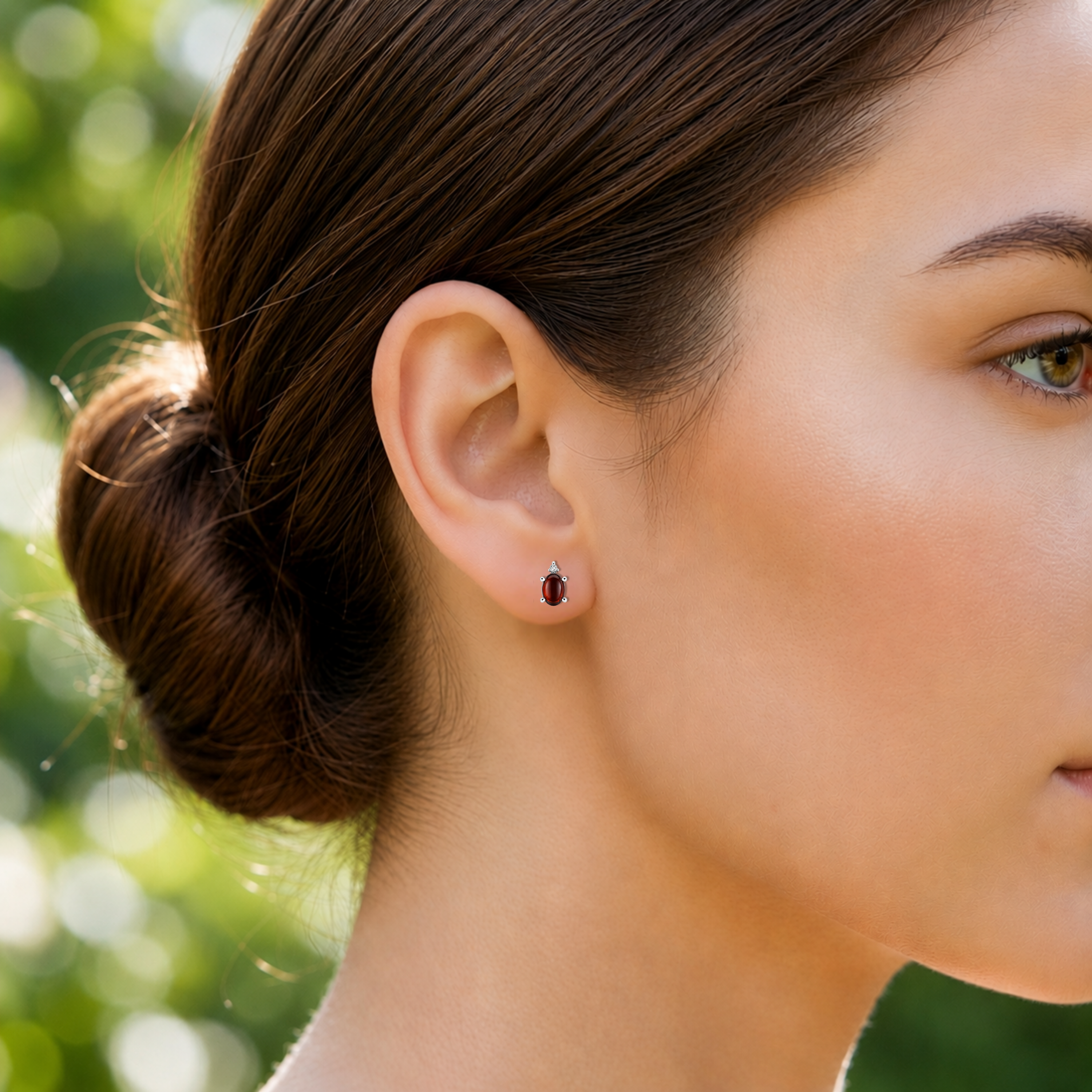 Sterling Silver Cabochon Garnet Studs Earrings