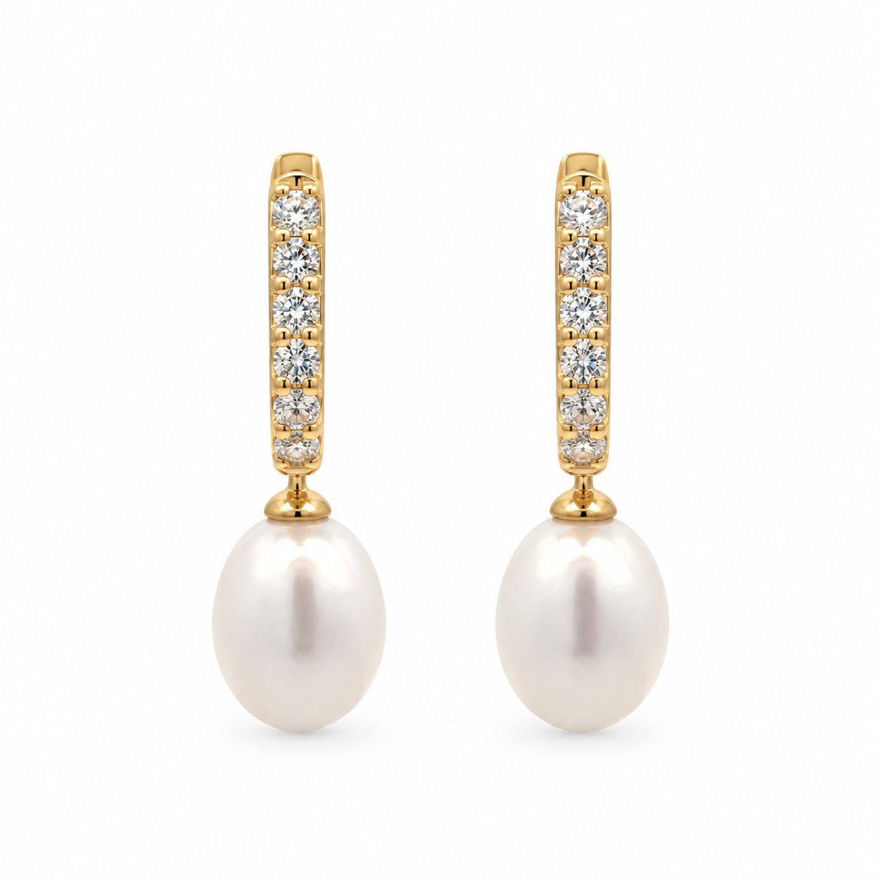 14YGP CZ Huggie Pearl Drop Earrings