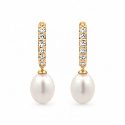 14YGP CZ Huggie Pearl Drop Earrings 14YGP CZ Huggie Pearl Drop Earrings