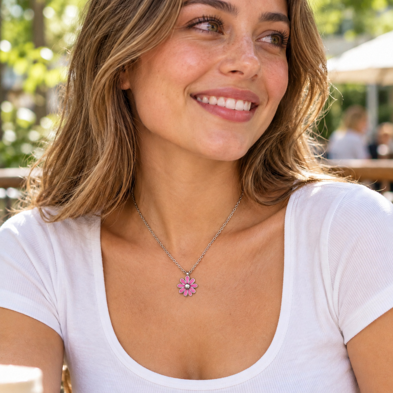 Sterling Silver Pink Dasiy Pendant & Chain