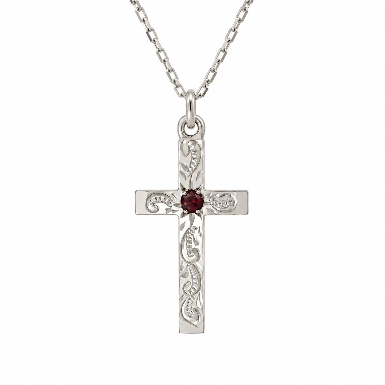 Sterling Silver Engraved Garnet Cross & Chain 22x13mm Sterling Silver Engraved Garnet Cross & Chain 22x13mm