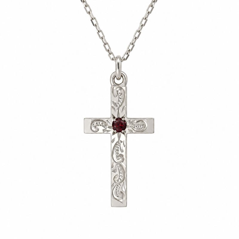 Sterling Silver Engraved Garnet Cross & Chain 22x13mm