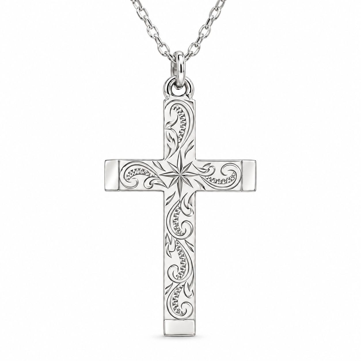 Sterling Silver Engraved Cross & Chain 27x16mm