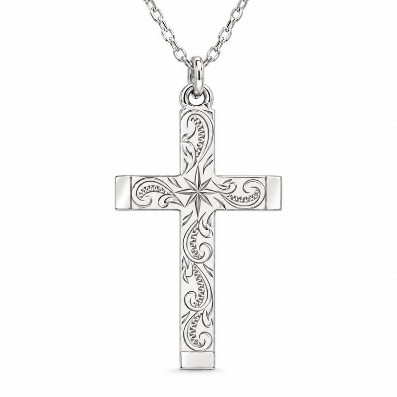 Sterling Silver Engraved Cross & Chain 27x16mm