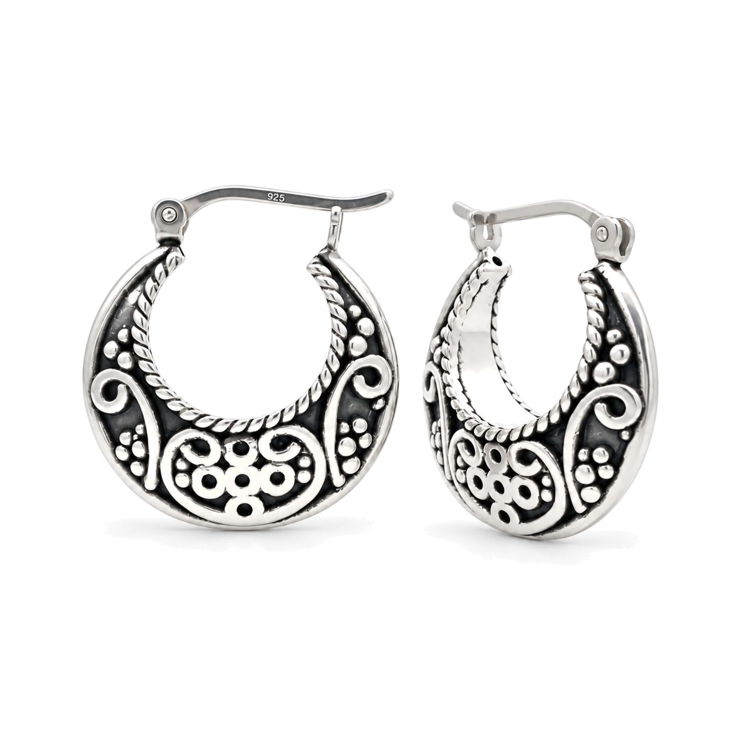 Sterling Silver Patterned Crescent Hoop Earrings