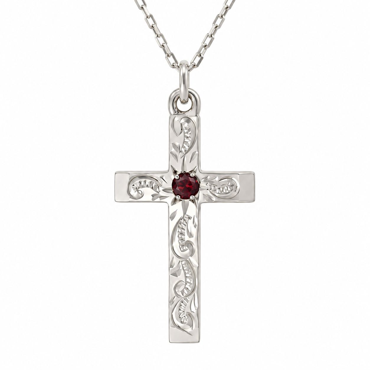 Sterling Silver Engraved Garnet Cross & Chain 27x16mm Sterling Silver Engraved Garnet Cross & Chain 27x16mm