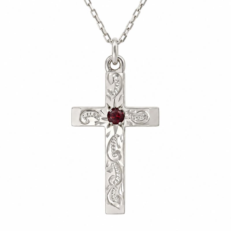 Sterling Silver Engraved Garnet Cross & Chain 27x16mm