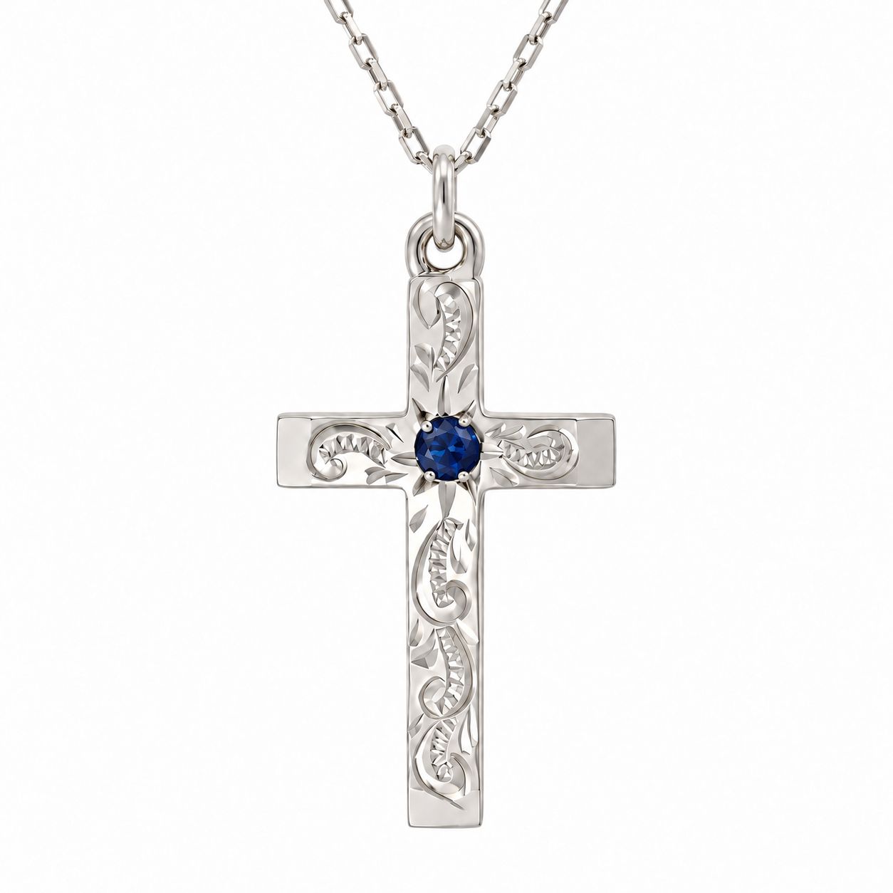 Sterling Silver Engraved Sapphire Cross & Chain 27x16mm Sterling Silver Engraved Sapphire Cross & Chain 27x16mm