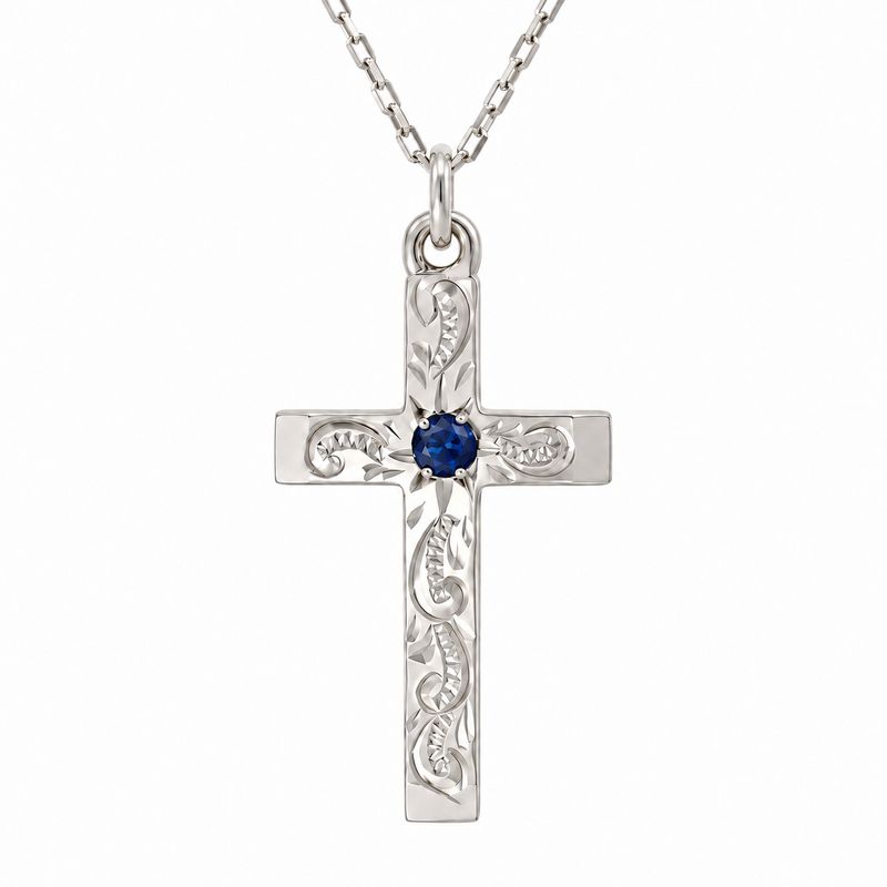 Sterling Silver Engraved Sapphire Cross & Chain 27x16mm