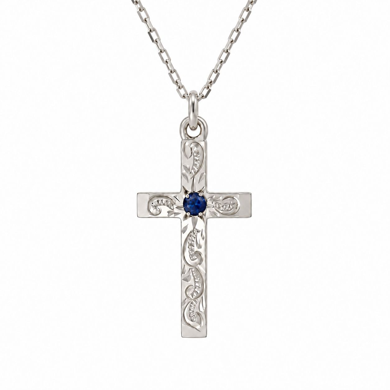Sterling Silver Engraved Sapphire Cross & Chain-22x13mm Sterling Silver Engraved Sapphire Cross & Chain-22x13mm