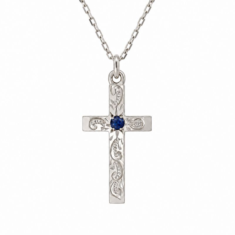 Sterling Silver Engraved Sapphire Cross & Chain-22x13mm