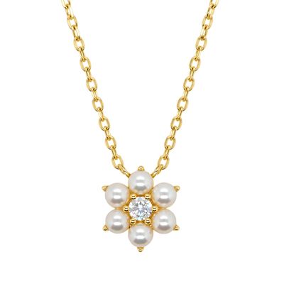 Sterling Silver Yellow Gold Plated Freshwater Pearl & Cubic Zirconia Necklace Sterling Silver Yellow Gold Plated Freshwater Pearl & Cubic Zirconia Necklace