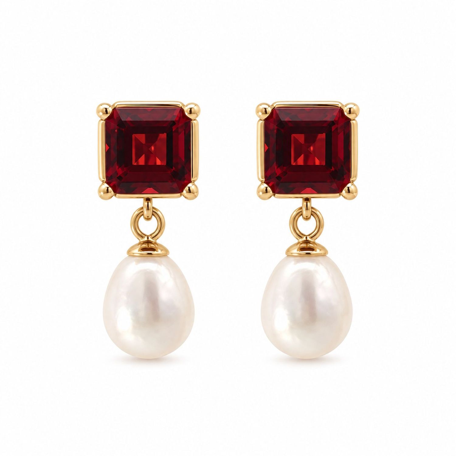 10ct Gold Garnet and Pearl Drop Earrings 10ct Gold Garnet and Pearl Drop Earrings